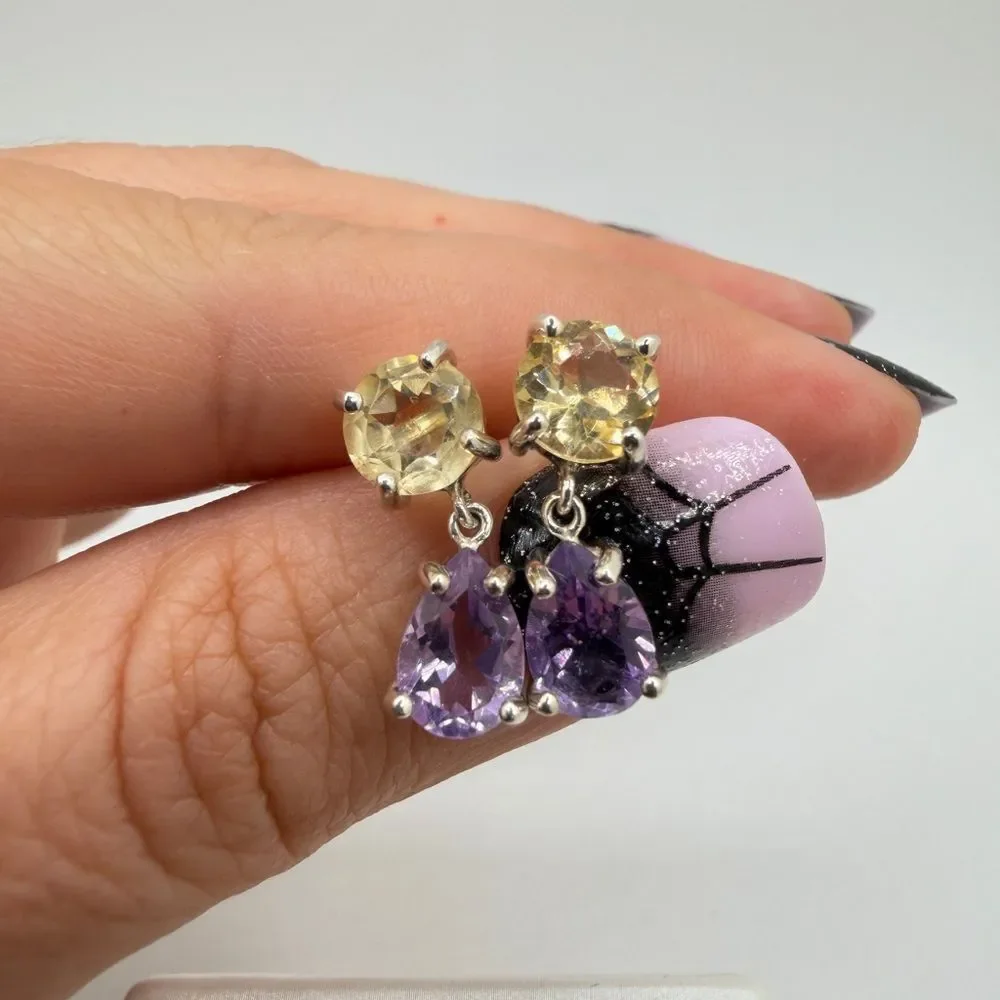 NWOT 9x6mm Amethyst and 7mm citrine dangle earrings in‎ sterling silver!